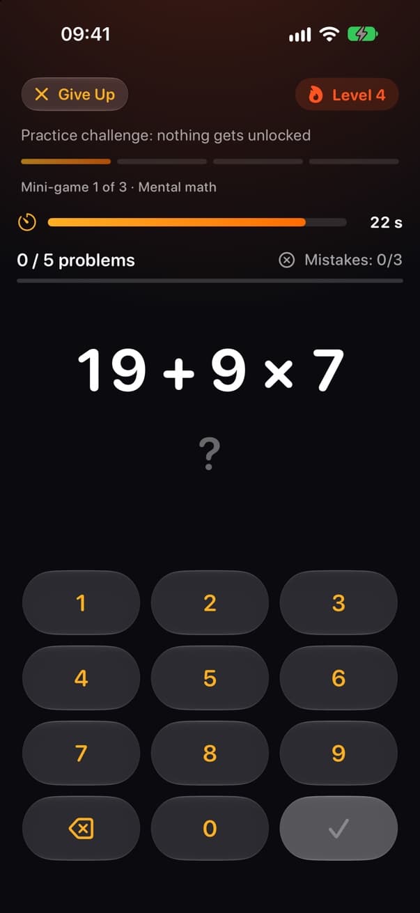 Playlock mental math challenge: 21 + 3 × 9 against the clock