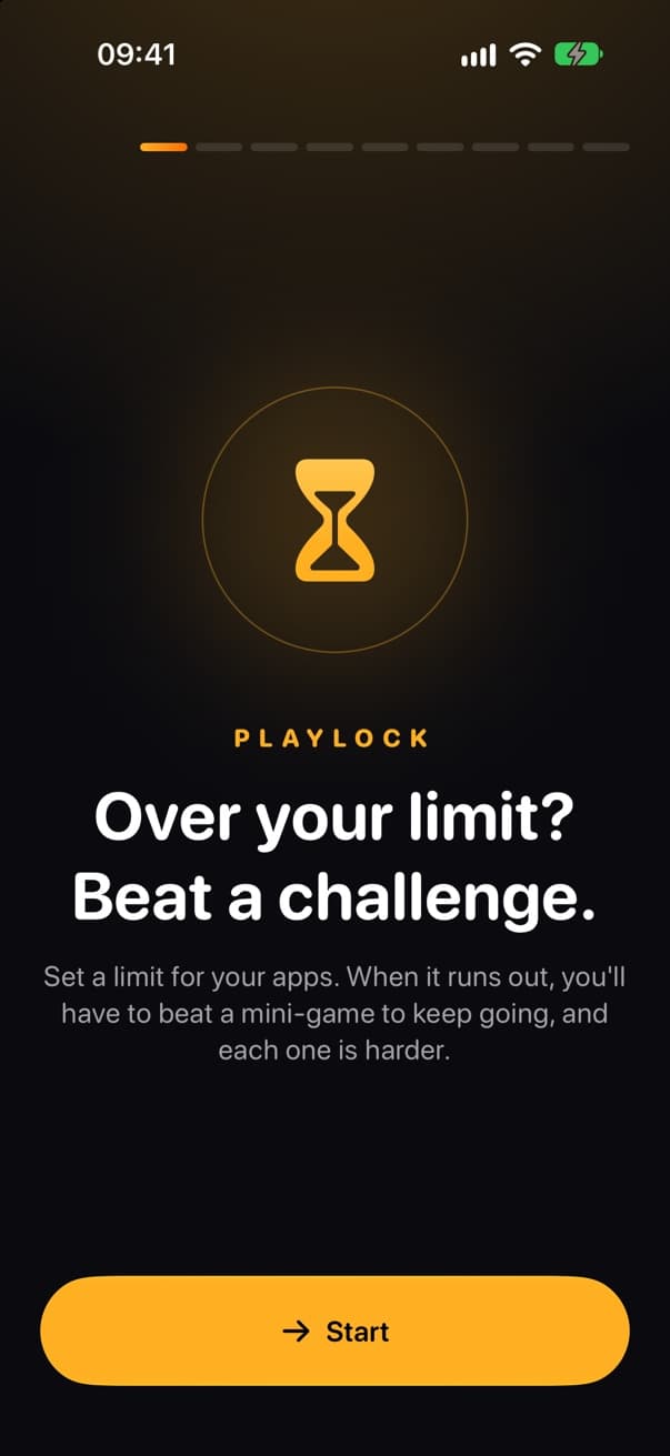 Playlock welcome screen: Over your limit? Beat a challenge.