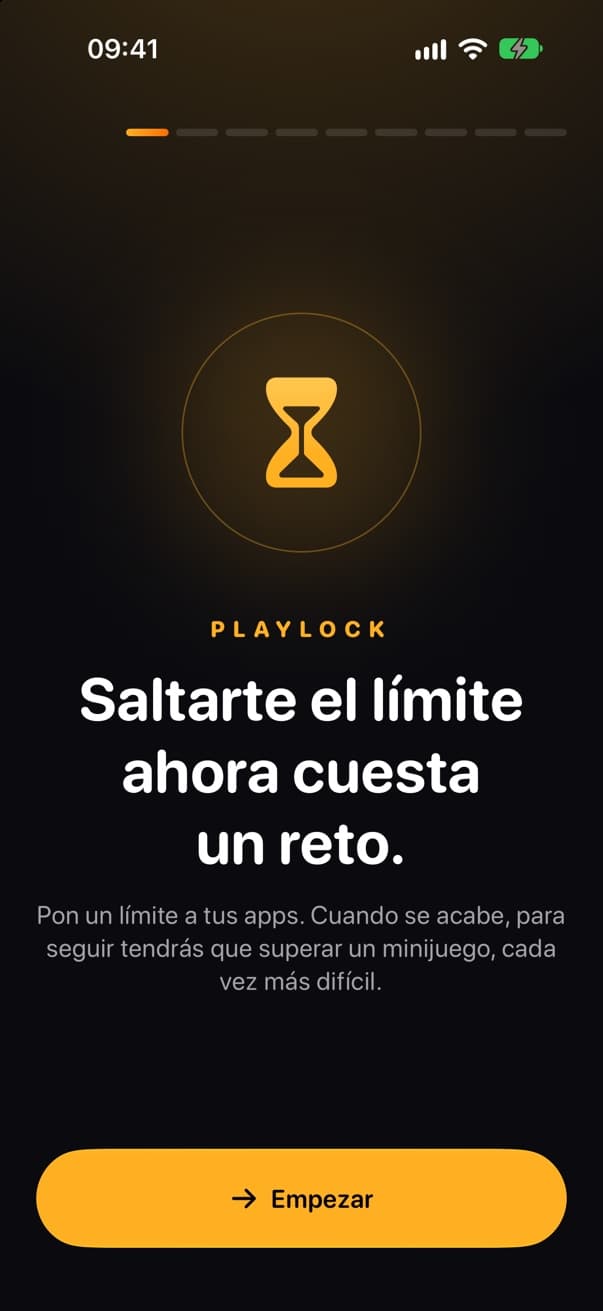 Pantalla de bienvenida de Playlock: ¿Te has pasado del límite? Supera un reto.